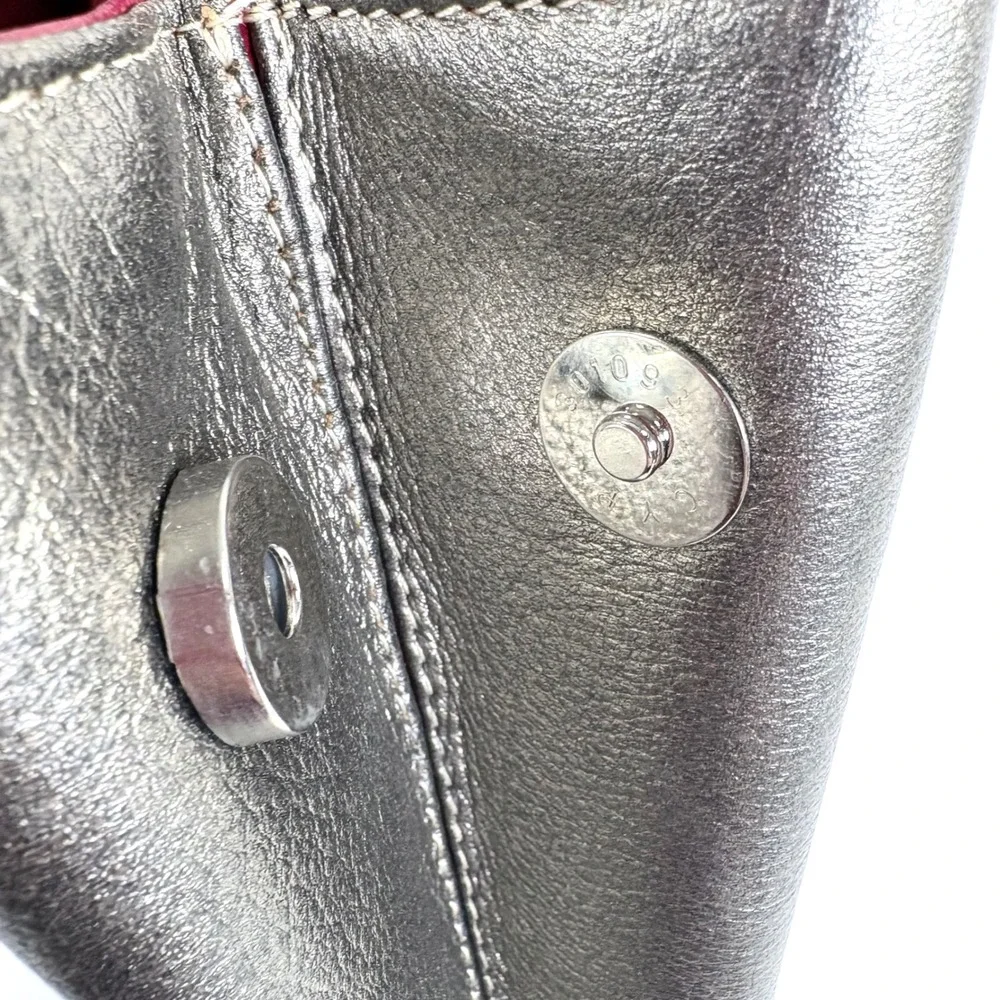 Cristina Orozco Metallic Pewter Leather Embroidered Backpack Burgundy Tassel